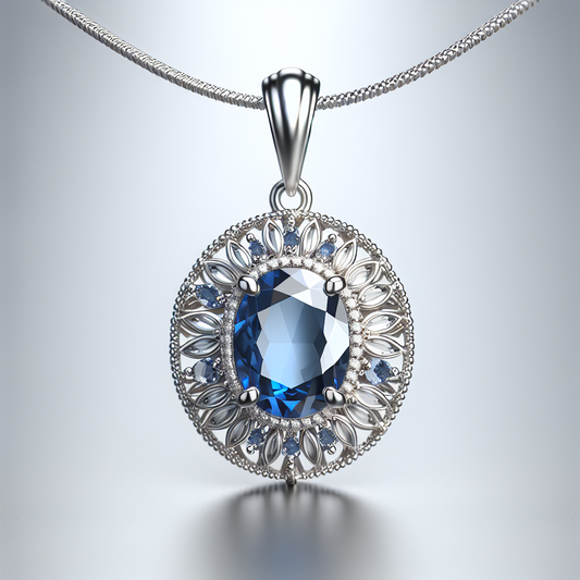 Delicate 14K White Gold Oval 7x5mm Sapphire Halo Pendant