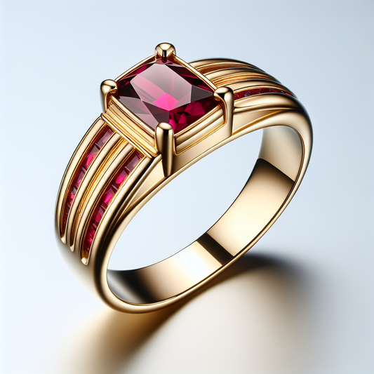 Elegant 18K Gold Zircon Ring with Channel-Set Ruby Gemstone