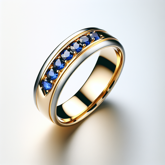 Blue sapphire Two Tone 5-stone Men's Band in 14k Yellow Gold