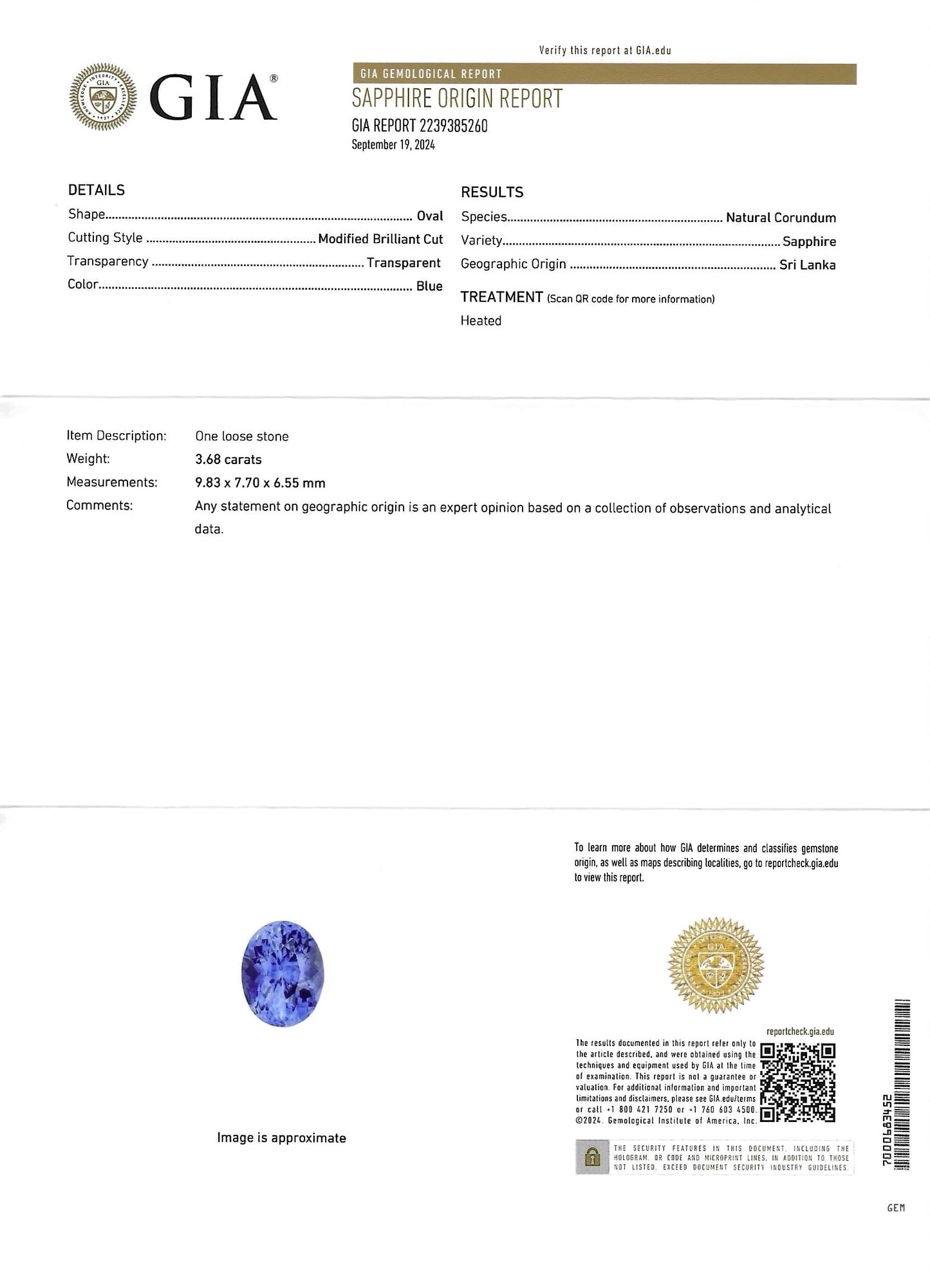 GIA Certified | Natural Blue Sapphire | Cornflower Blue | Oval Cut | 3.68ct