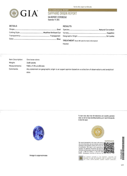 GIA Certified | Natural Blue Sapphire | Cornflower Blue | Oval Cut | 3.68ct