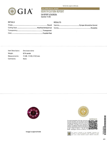 GIA Certified |Natural Pyrope-Almandine Garnet |PurplishRed |Round |8.74 ct